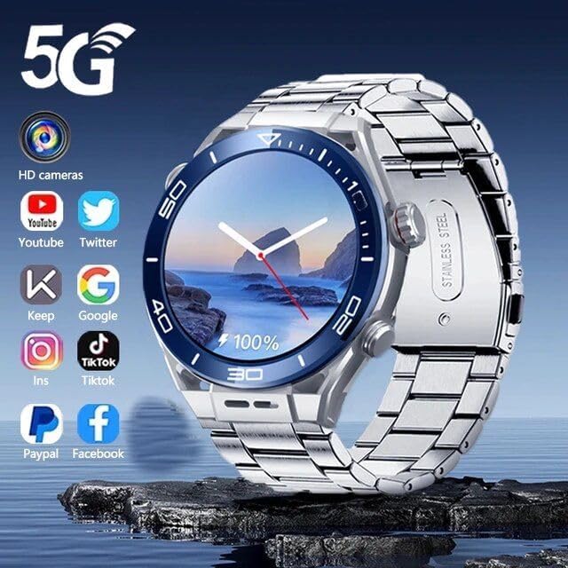 5G Round Model Android Smart watch With Dual Camera, Android OS Pre installed apps, AMOLED Display screen | Sports and fitness Tracker 4Gb Ram 64Gb Rom With SIm Slot (3 strap) (Black)