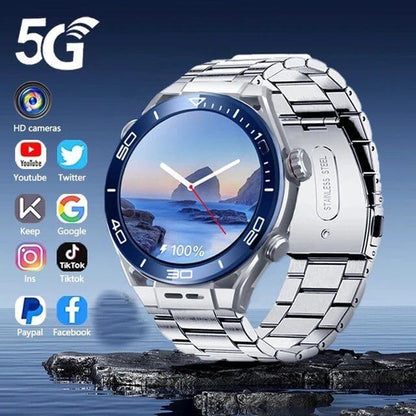5G Round Model Android Smart watch With Dual Camera, Android OS Pre installed apps, AMOLED Display screen | Sports and fitness Tracker 4Gb Ram 64Gb Rom With SIm Slot (3 strap) (Black)
