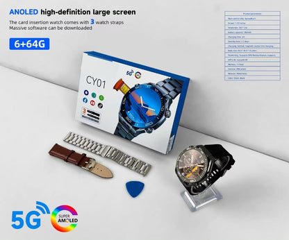 5G Round Model Android Smart watch With Dual Camera, Android OS Pre installed apps, AMOLED Display screen | Sports and fitness Tracker 4Gb Ram 64Gb Rom With SIm Slot (3 strap) (Black)