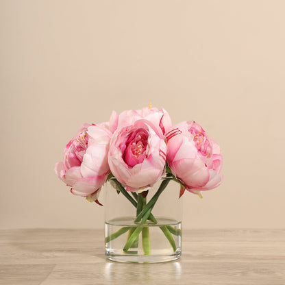 Artificial Peony Arrangement in Glass Vase